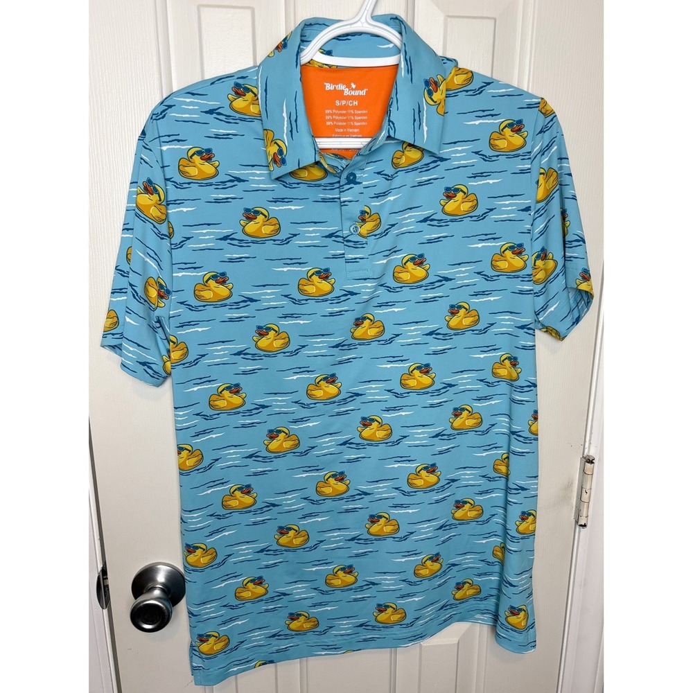 Birdie Bound Polo Shirt Men Sz S Blue Rubber Duck Print Golf Stretch Athleisure